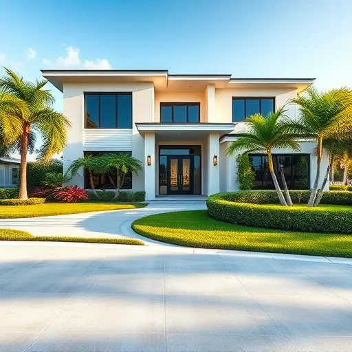 Remodeled modern Riviera Beach home with clean lines, large windows, landscaped yard, and stylish driveway.