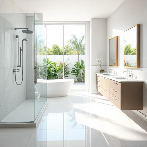 Renovated Lake Park Florida bathroom with walk-in glass shower, marble tiles, soaking tub, modern fixtures, and lush backyard view