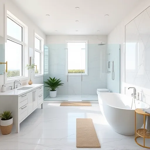Luxurious Jupiter FL bathroom with marble countertops, walk-in shower, soaking tub, coastal colors, natural light