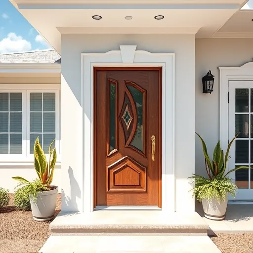 Completed modern front door installation in Riviera Beach FL with elegant hardware, coastal colors, and spotless exterior.