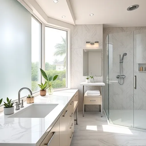 Renovated bathroom in Riviera Beach FL features modern design, marble countertops, and lush garden views through frosted windows.