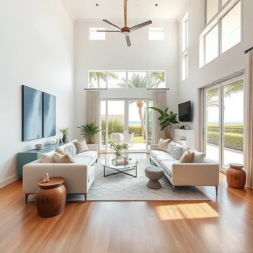 Elegant West Palm Beach living room with high ceilings, modern decor, coastal accents, and natural light enhancing tranquility.