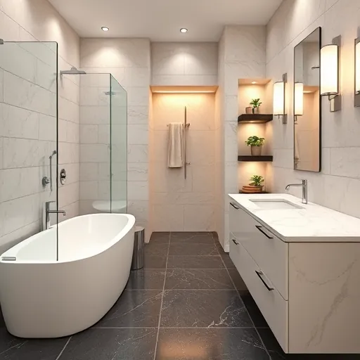 Remodeled bathroom in Haverhill FL with modern fixtures, spacious bathtub, glass shower, marble vanity, and elegant details.
