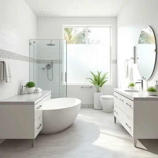Beautiful remodeled Lake Clarke Shores bathroom with sleek fixtures, walk-in shower, freestanding tub, marble vanity, and natural light