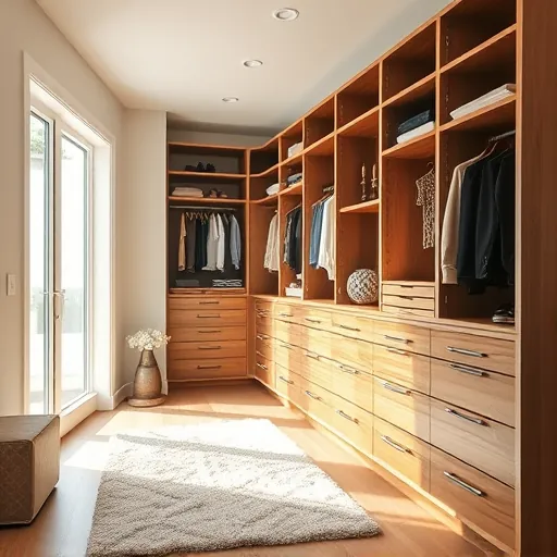 Custom Riviera Beach Florida walk-in closet with sleek cabinets, soft-close drawers, organized clothing, shoes, accessories, natural sunlight.