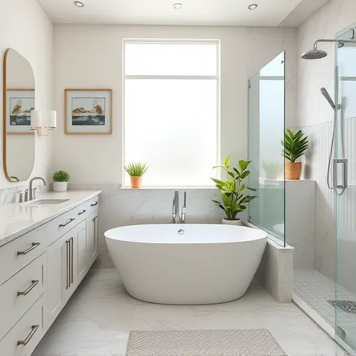 Beautiful Boca Raton bathroom with modern fixtures, freestanding tub, marble counters, and coastal decor