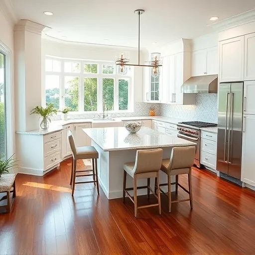 Renovated kitchen in Palm Beach Gardens features custom white cabinetry, granite countertops, and stainless steel appliances.