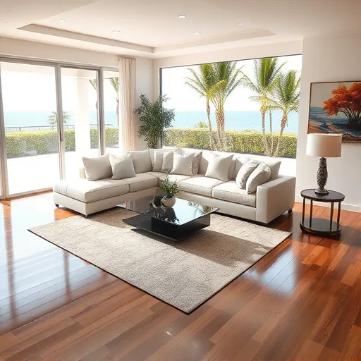 Luxurious living room remodel in South Palm Beach, FL featuring polished hardwood floors, modern furniture, and ocean views.