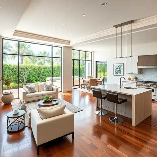 Remodeled open-concept living room in Gulf Stream FL featuring neutral tones, elegant furniture, and a modern kitchen.