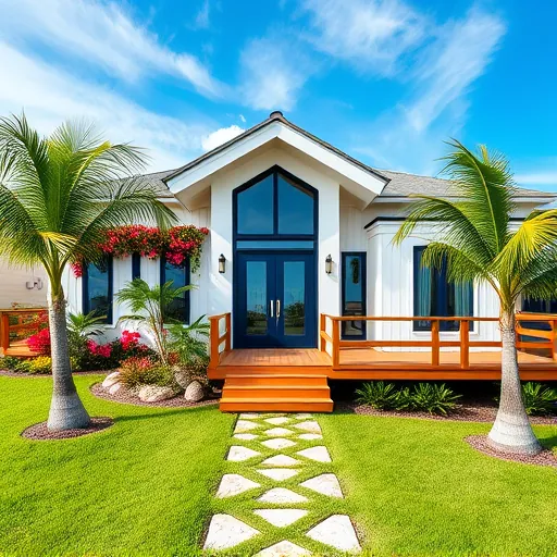 Coastal home renovation in Juno Beach FL with white siding, navy accents, and tropical landscaping creating serene ambiance.