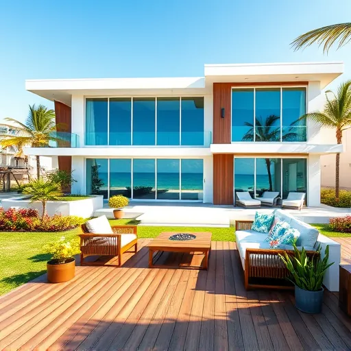 Completed beach house remodel in Juno Beach FL featuring modern design, panoramic windows, and tropical landscaping.