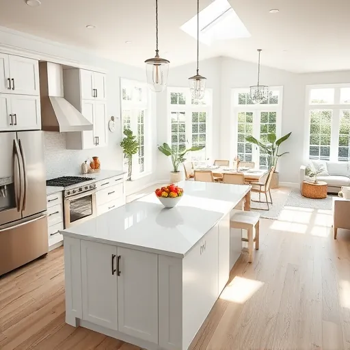 Modern kitchen remodel in Lake Harbor FL with quartz countertops, custom cabinetry, and elegant decor, brightened by sunlight.