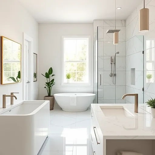 Remodeled Stuart Florida bathroom with marble countertops, freestanding bathtub, glass shower, brushed nickel fixtures, and greenery
