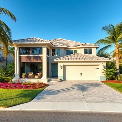 Modern remodeled home in Lake Clarke Shores FL featuring pastel colors, large windows, and a tropical garden.