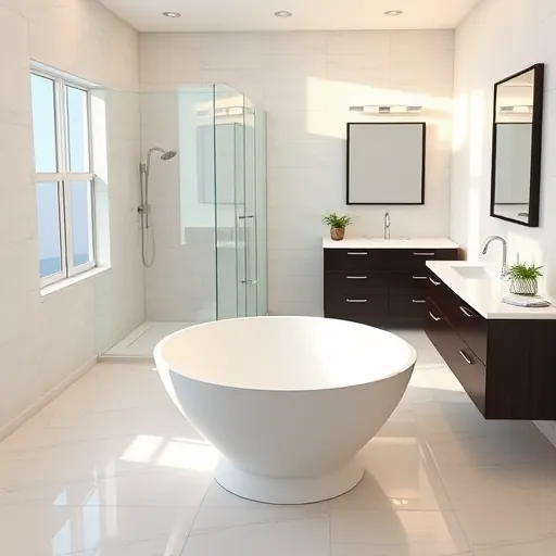Beautiful renovated Manalapan Florida bathroom with marble floors, subway tile walls, soaking tub, glass shower, and coastal colors