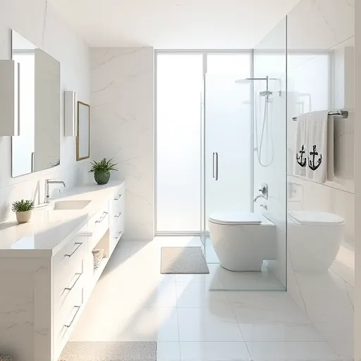 Remodeled Riviera Beach Florida bathroom with white marble countertops, modern vanity, walk-in glass shower, coastal decor and natural sunlight