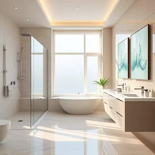 Renovated Riviera Beach FL bathroom with walk-in glass shower, soaking tub, marble floors, coastal decor, and warm lighting