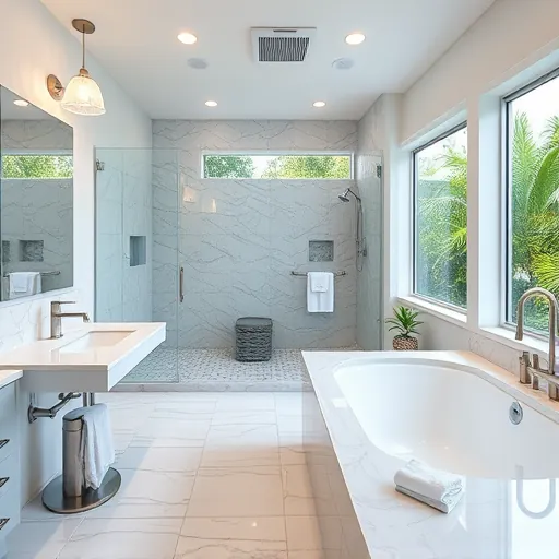 Remodeled Port Saint Lucie bathroom with modern fixtures, walk-in glass shower, soaking tub, marble countertops, and natural sunlight