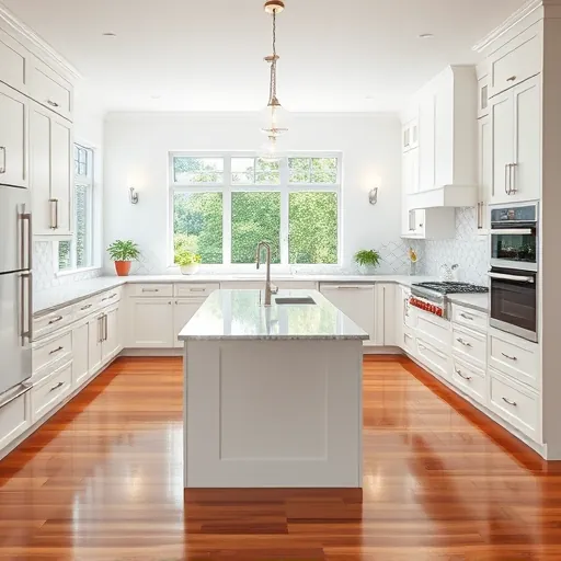 Modern kitchen remodel in Royal Palm Beach featuring white cabinetry, marble island, pendant lighting, and geometric backsplash.