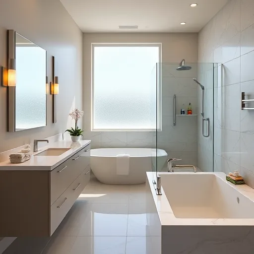 Elegant Ocean Ridge bathroom with modern fixtures, walk-in glass shower, soaking tub, marble tiles, and coastal decor