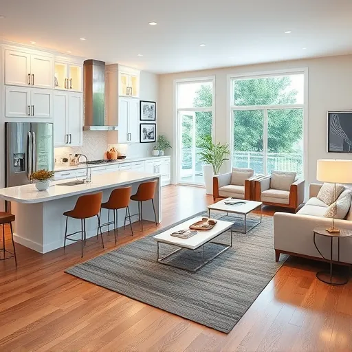 Stylish open-concept living space in Stuart FL with elegant kitchen and modern furnishings illuminated by natural light.