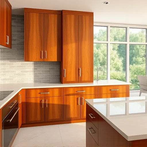 Refinished Riviera Beach kitchen cabinets with glossy wood surfaces, intricate grain, modern hardware, and natural light.