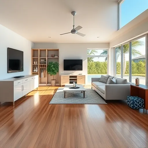 Beautifully renovated Riviera Beach garage with modern decor, hardwood floors, tropical landscaping, and natural light