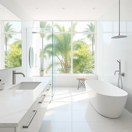 Remodeled modern bathroom in Juno Ridge FL with marble countertops, glass shower, soaking tub, neutral tiles, lush greenery views