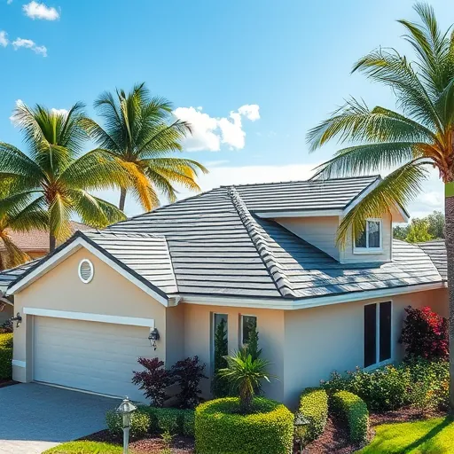 Completed roof repair with brown and gray shingles on a sunny Riviera Beach home surrounded by lush greenery and coastal scenery
