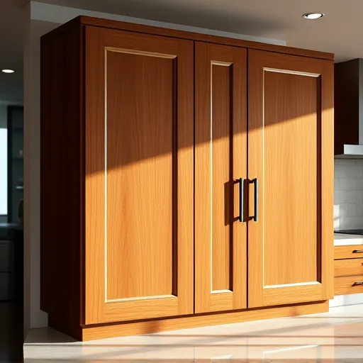 Refinished wooden cabinet with glossy smooth finish, detailed wood grain, elegant hardware in a modern kitchen setting