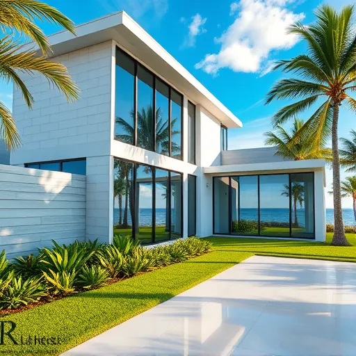 Modern home in Riviera Beach FL with installed impact windows, reflecting sunny skies and lush coastal surroundings