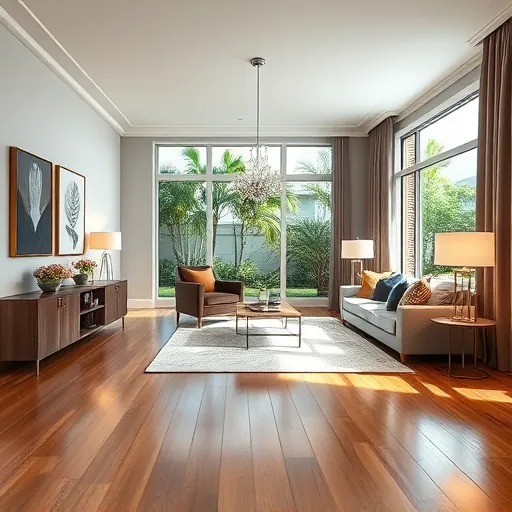Luxurious Boca Raton living room with elegant wood floors, calming gray walls, modern art, and plush furniture.
