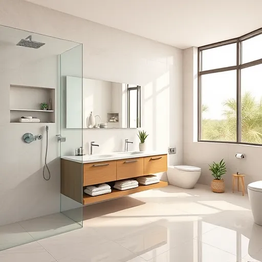 Beautiful remodeled bathroom in Okeechobee Florida featuring modern design, sleek ceramic tiles, frameless shower, floating vanity, and natural sunlight