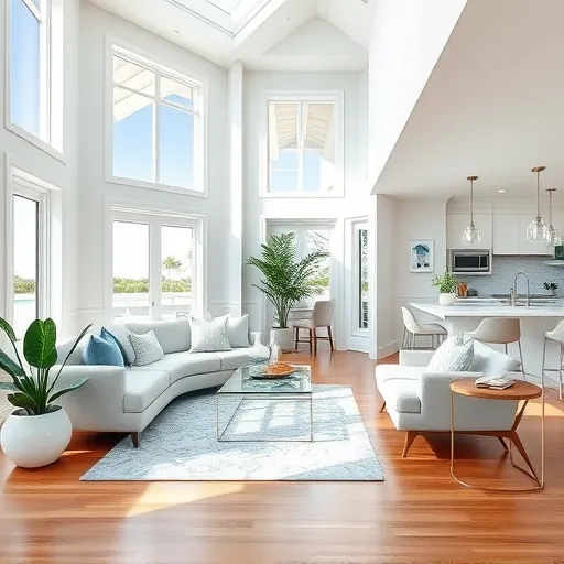 Remodeled West Palm Beach living room with high ceilings, large windows, modern furniture, and a coastal aesthetic.