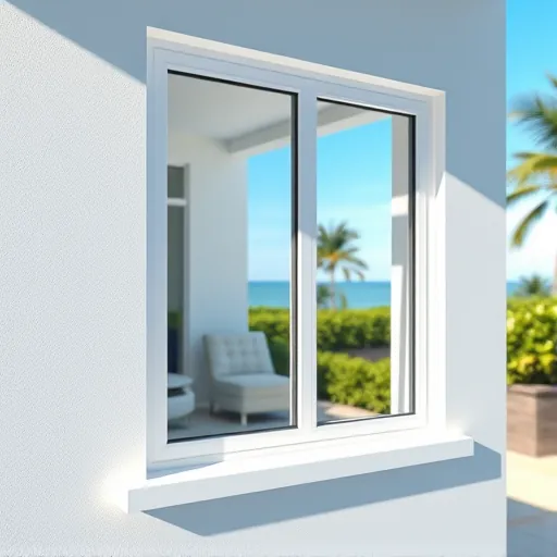 High-quality modern window installed in a Riviera Beach Florida home with sunny outdoor tropical landscape and coastal exterior wall