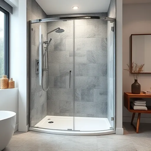 Luxurious modern bathroom with a sleek glass shower, polished chrome fixtures, gray stone tiles, and soft natural lighting