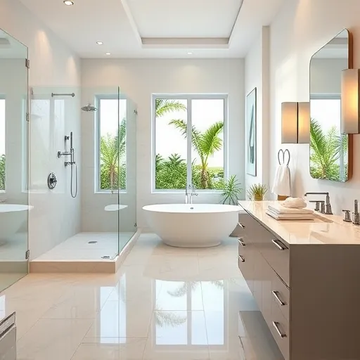 Beautiful remodeled bathroom in Royal Palm Beach Florida with modern fixtures, large windows, marble countertops, and coastal decor