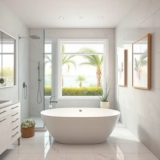 Renovated Boca Raton bathroom with modern fixtures, walk-in shower, freestanding tub, and natural light from large windows.