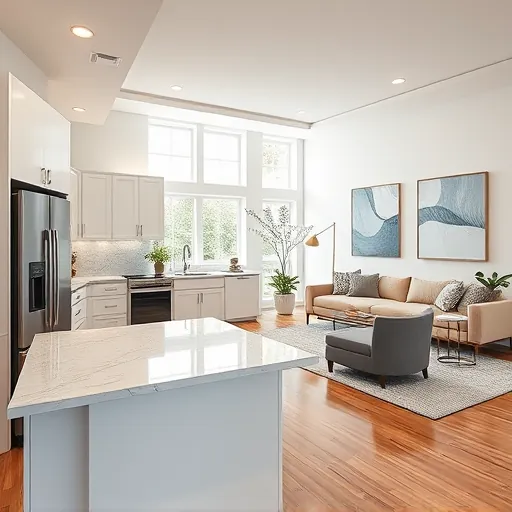Remodeled living space in Palm Beach Gardens featuring modern design, sleek kitchen, and bright open layout.