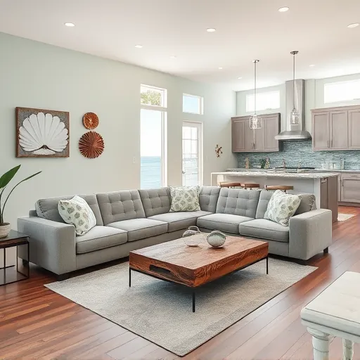 Inviting living room in Port Saint Lucie featuring coastal design, modern furniture, and a gourmet kitchen ambiance.