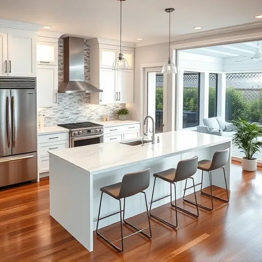 Modern kitchen remodel in Lake Clarke Shores FL featuring white cabinets, quartz countertops, and stainless steel appliances.