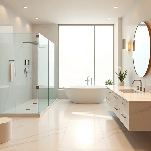 Beautiful renovated Palm Springs bathroom with modern brushed nickel fixtures marble countertops walk-in glass shower freestanding tub large porcelain tiles and lush greenery