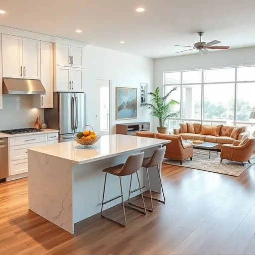 Modern kitchen remodel in Belle Glade, FL featuring white cabinetry, marble countertops, stainless steel appliances, and open layout.