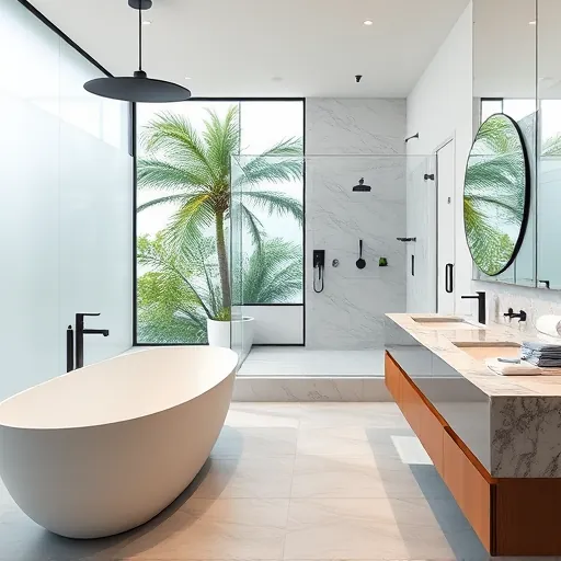 Spacious luxury bathroom in Riviera Beach, featuring a freestanding tub, walk-in shower, and modern minimalist design.