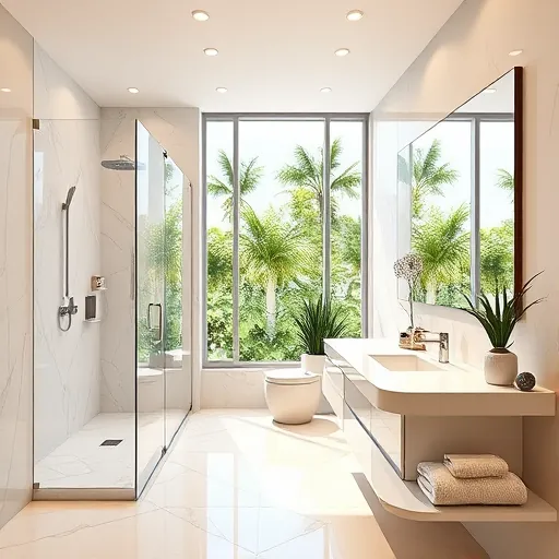 Freshly remodeled bathroom in Highland Beach, FL with modern design, glass shower, marble tiles, and bright ambiance.