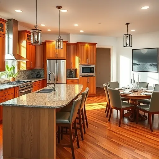 Modern Okeechobee kitchen remodel features granite counters, wooden cabinetry, and stainless steel appliances in a cozy setting.