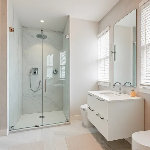 Renovated Haverhill bathroom with modern fixtures, walk-in shower, marble tiles, white vanity, large mirror, porcelain flooring, and natural light