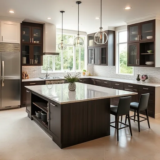 Remodeled kitchen in Hypoluxo, FL with stainless steel appliances, granite island, dark wood and white cabinetry, and natural light.