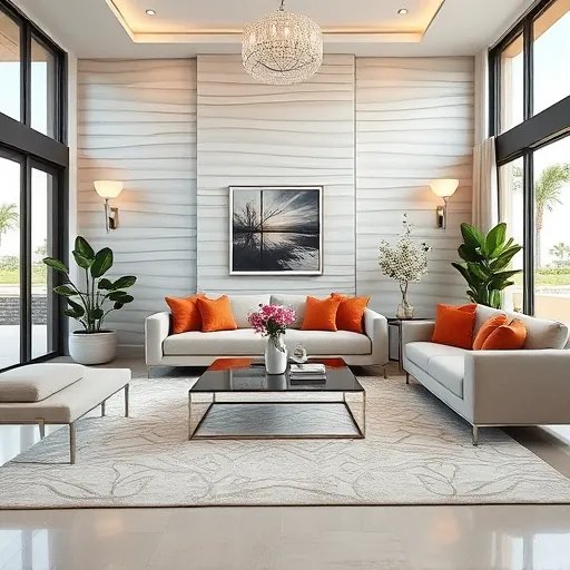 Contemporary Jupiter FL living room with modern furniture, natural light, feature wall, and inviting decor elements.