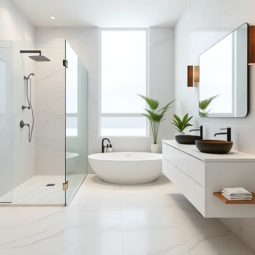 Renovated bathroom in Riviera Beach FL with modern fixtures, walk-in shower, freestanding tub, and coastal decor.